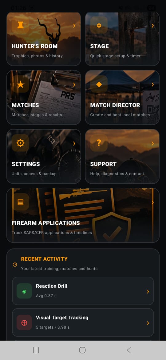 Jag Stories dashboard showing Hunter's Room, Stage, Matches, Match Director, Settings, Support and Firearm Applications