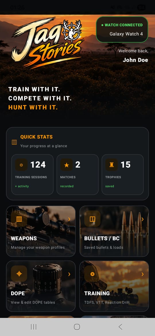 Jag Stories 1.0.0 dashboard showing Watch connection, quick stats and main features
