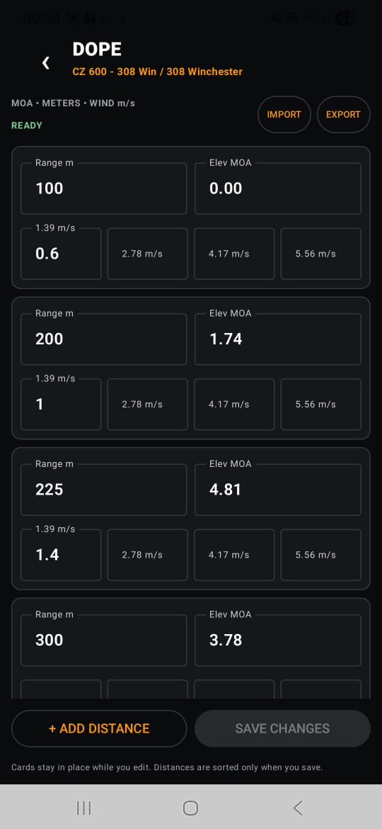 Jag Stories DOPE table showing range, elevation and wind values
