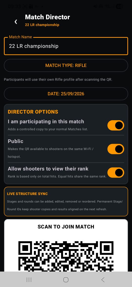 Jag Stories Match Director showing match options and QR join screen