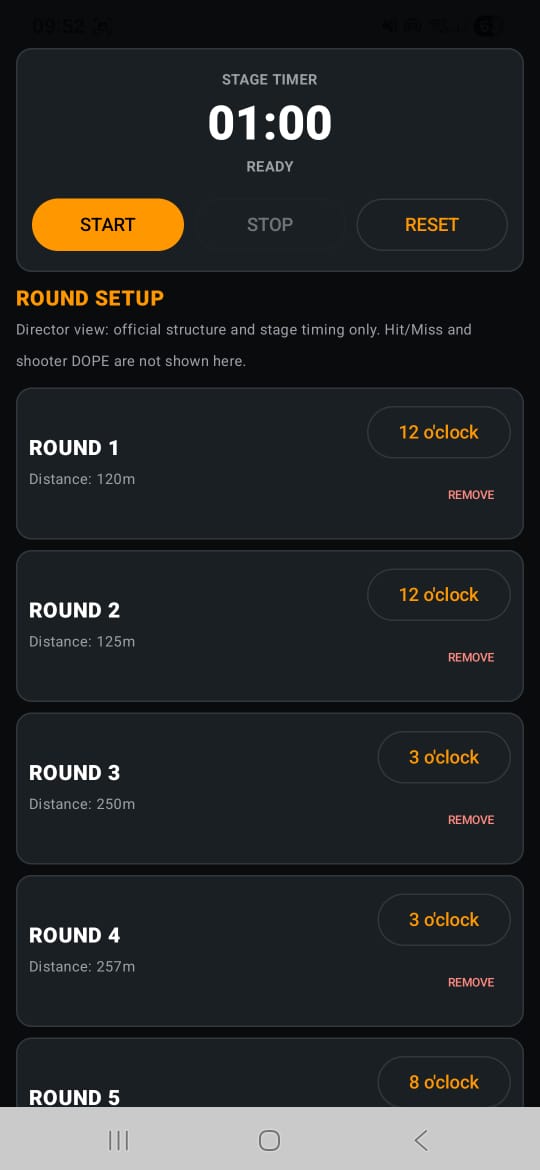 Jag Stories Match Director round setup showing stage timer, distances and wind clock directions per round