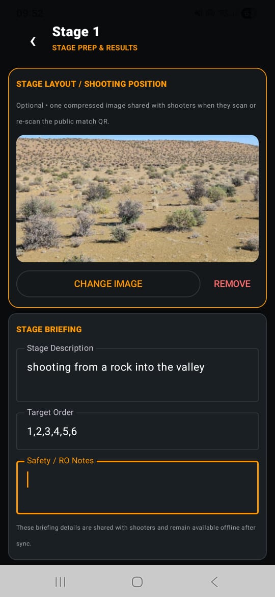Jag Stories Stage 1 screen showing shooting-position image, stage briefing, target order and safety notes