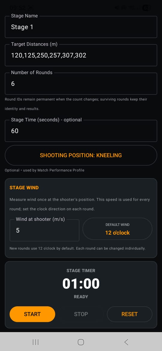 Jag Stories stage setup showing target distances, round count, stage time, shooting position, stage wind and timer
